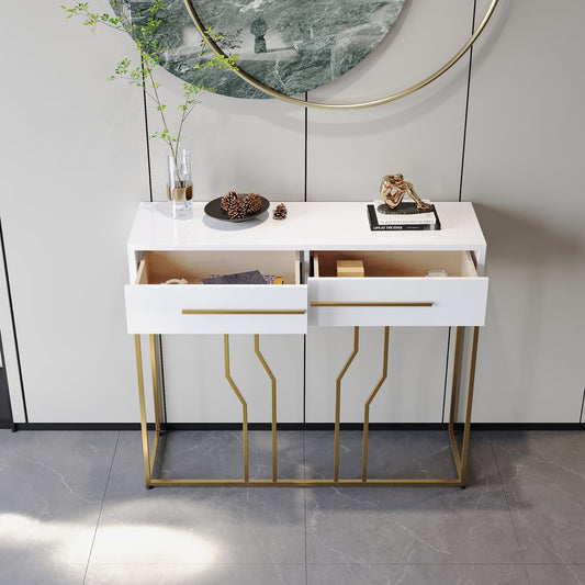 Console blanche étroite moderne de 800 mm avec rangement, table d&#x27;entrée en bois avec tiroirs