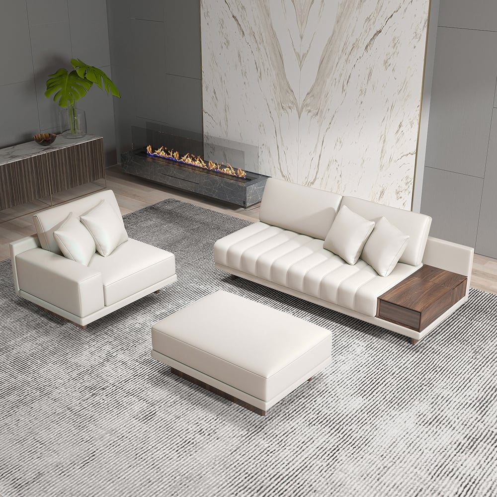 Canapé sectionnel blanc modulaire en forme de L en cuir de 126 po avec table d&#x27;appoint de rangement et pouf