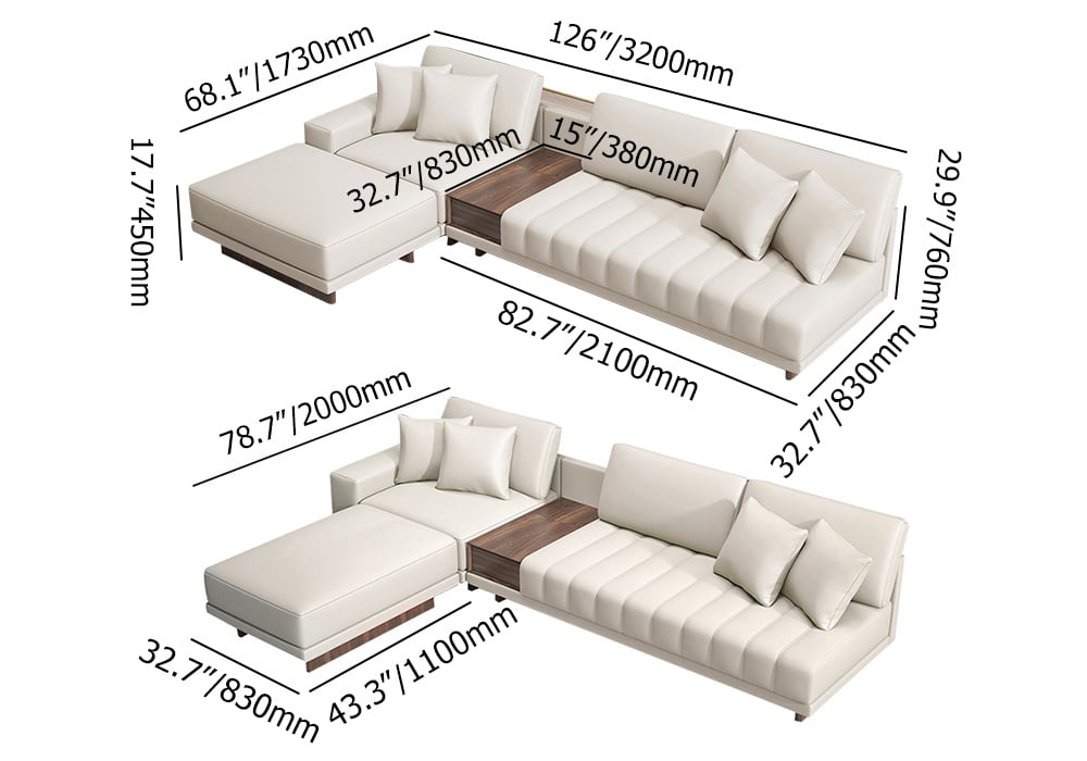 Canapé sectionnel blanc modulaire en forme de L en cuir de 126 po avec table d&#x27;appoint de rangement et pouf