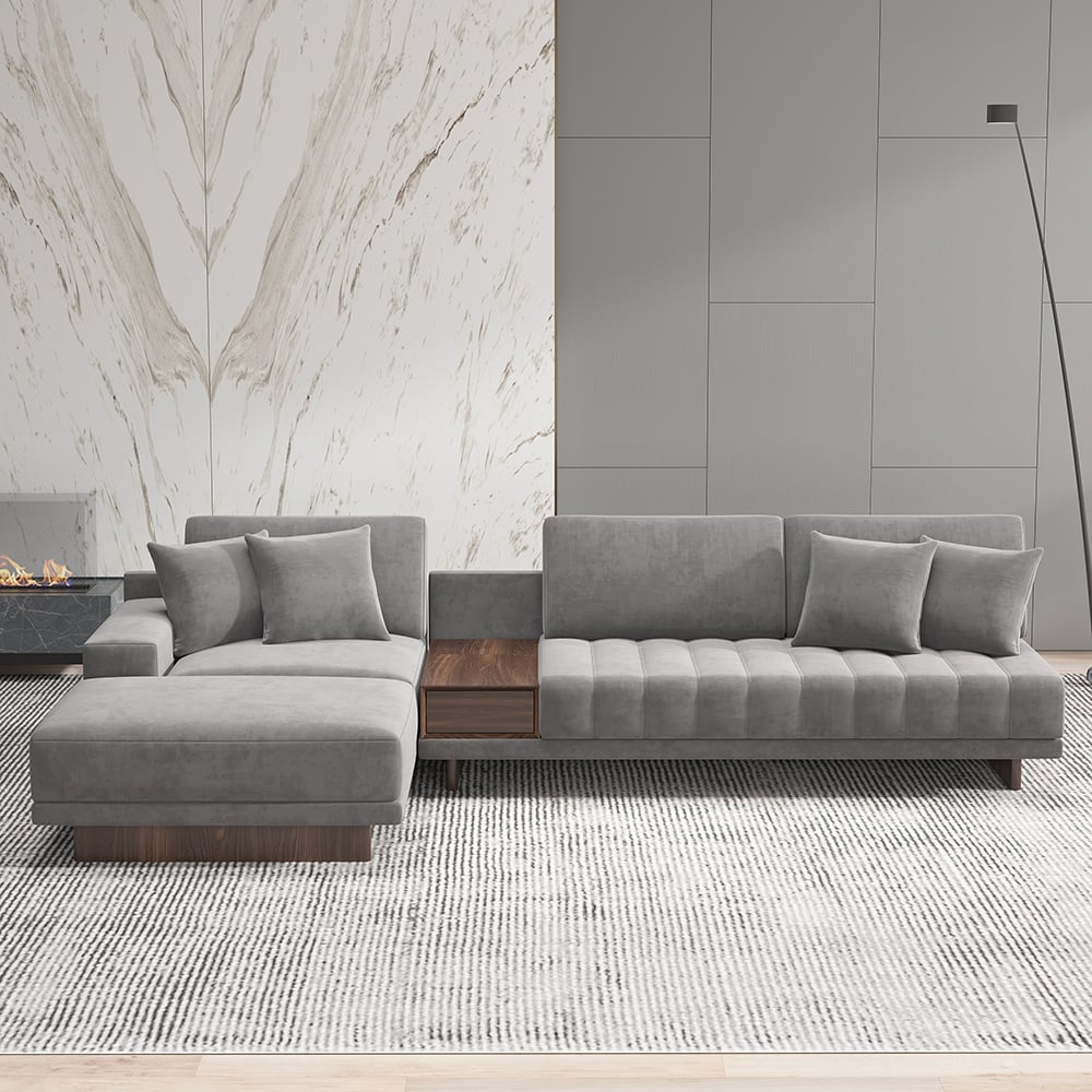 Canapé sectionnel modulaire gris en forme de L en velours de 126 po avec table d&#x27;appoint de rangement et pouf