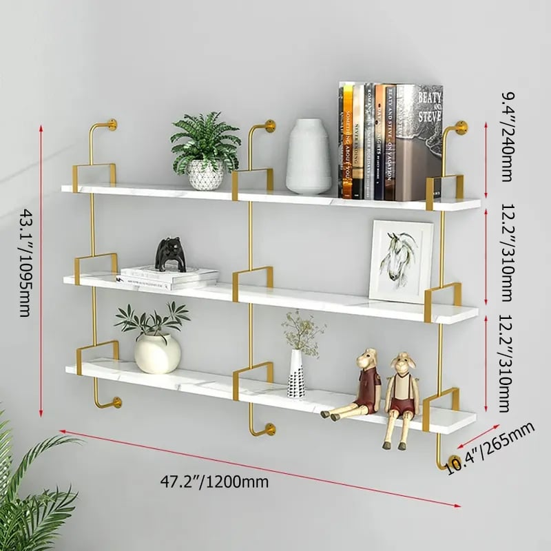 3-Tier Modern Wall Mounted Shelves Long Floating Shelving in White & Gold