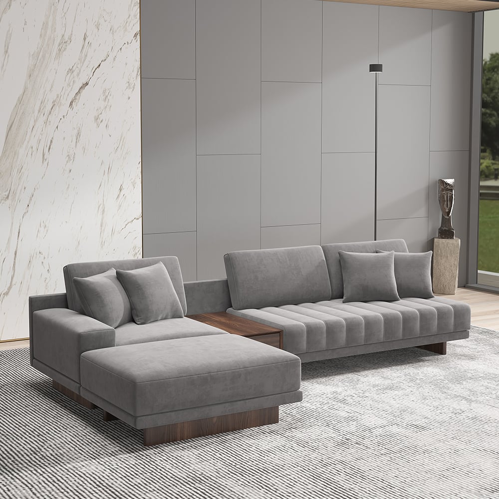 Canapé sectionnel modulaire gris en forme de L en velours de 126 po avec table d&#x27;appoint de rangement et pouf