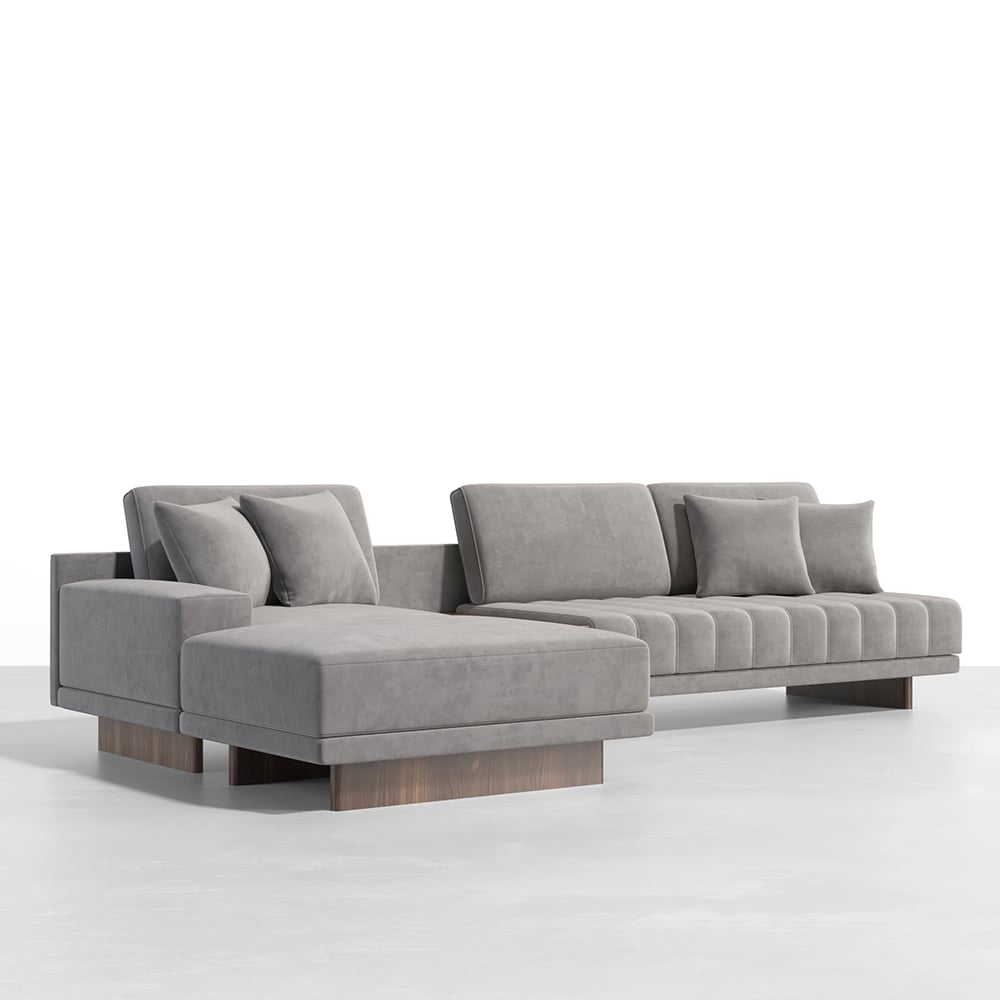 Canapé sectionnel modulaire gris en forme de L en velours de 126 po avec table d&#x27;appoint de rangement et pouf