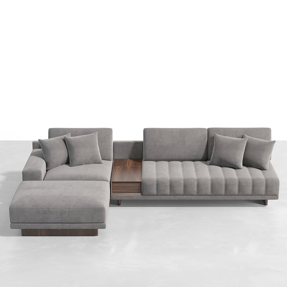 Canapé sectionnel modulaire gris en forme de L en velours de 126 po avec table d&#x27;appoint de rangement et pouf