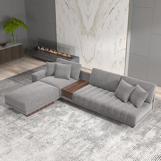 Canapé sectionnel modulaire gris en forme de L en velours de 126 po avec table d&#x27;appoint de rangement et pouf