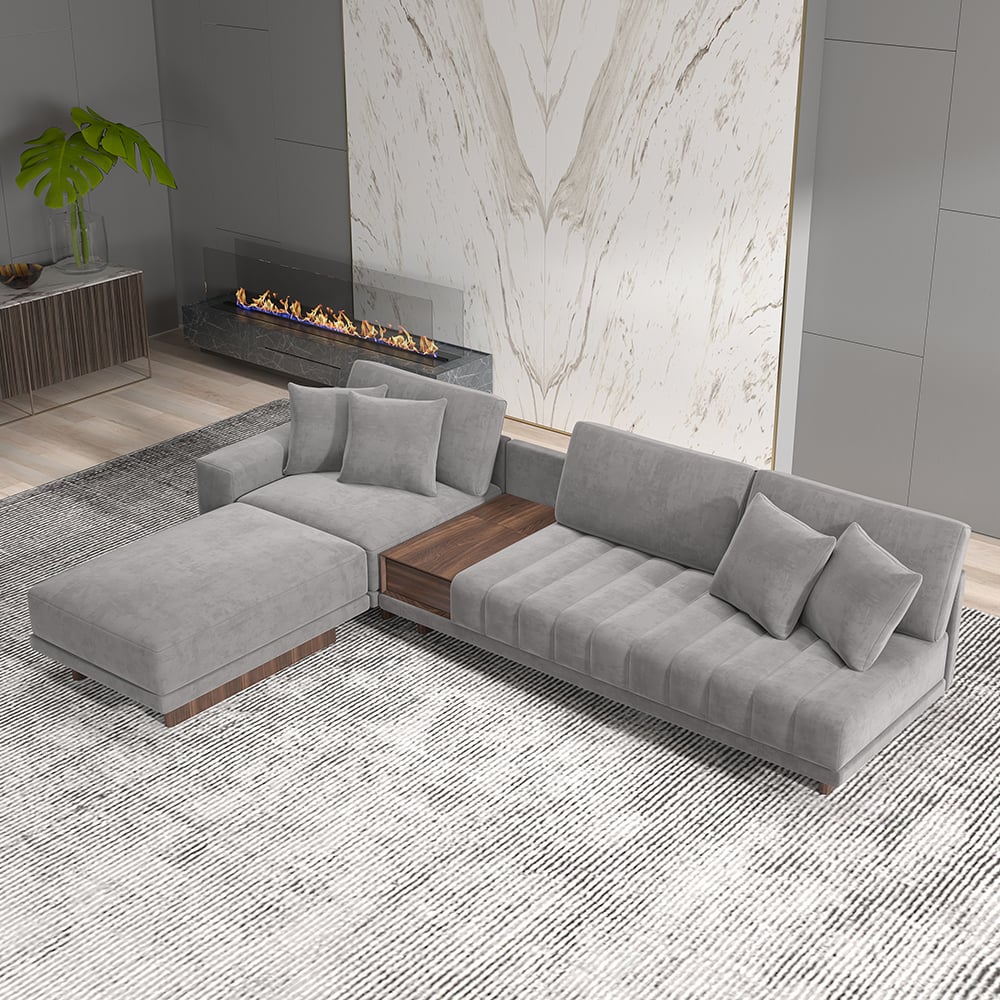 Canapé sectionnel modulaire gris en forme de L en velours de 126 po avec table d&#x27;appoint de rangement et pouf