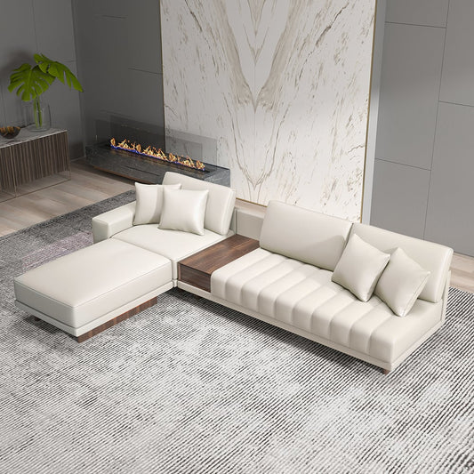 Canapé sectionnel blanc modulaire en forme de L en cuir de 126 po avec table d&#x27;appoint de rangement et pouf