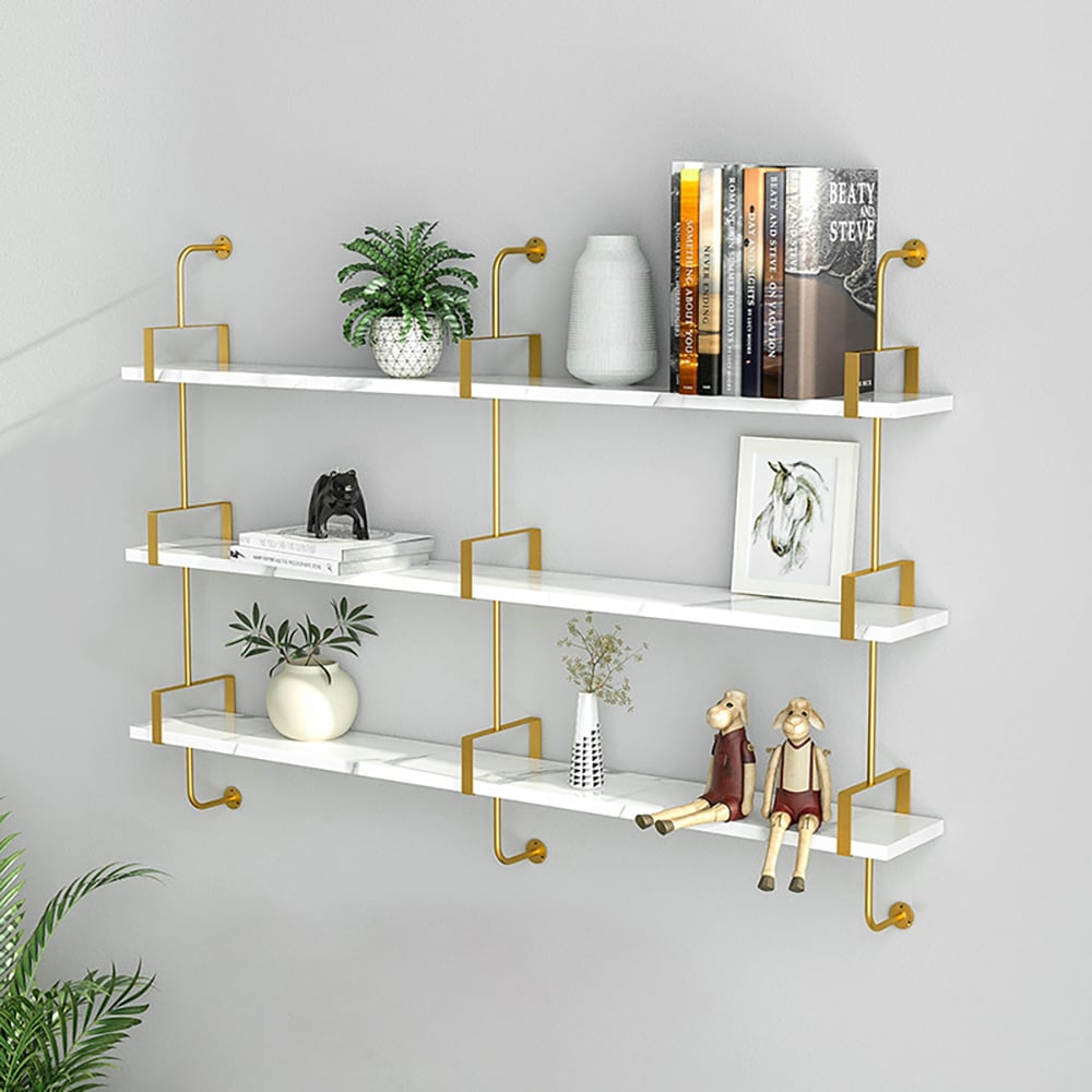 3-Tier Modern Wall Mounted Shelves Long Floating Shelving in White & Gold