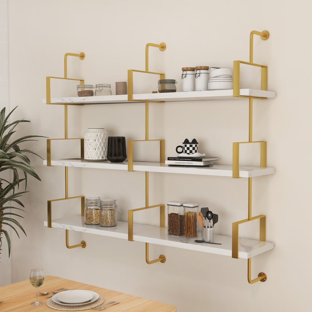 3-Tier Modern Wall Mounted Shelves Long Floating Shelving in White & Gold