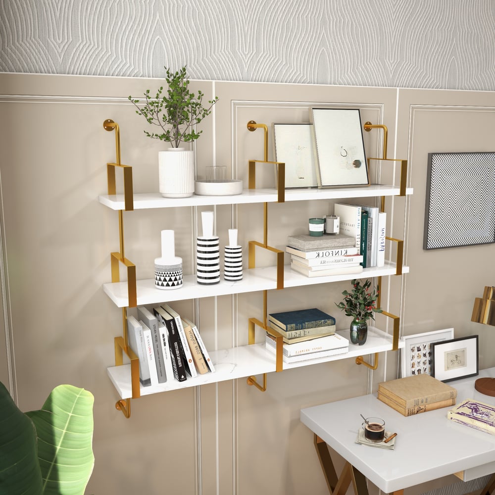 3-Tier Modern Wall Mounted Shelves Long Floating Shelving in White & Gold