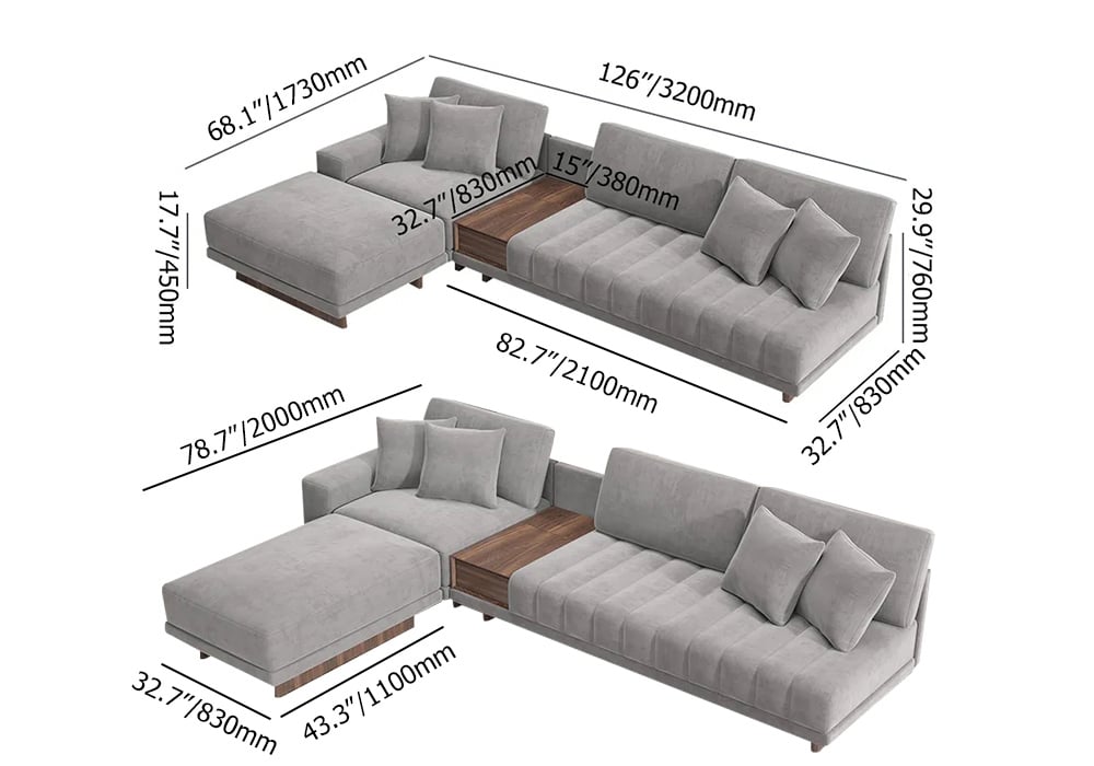 Canapé sectionnel modulaire gris en forme de L en velours de 126 po avec table d&#x27;appoint de rangement et pouf