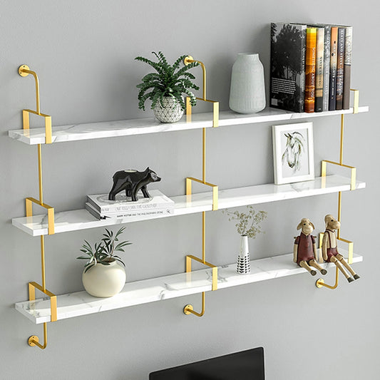 3-Tier Modern Wall Mounted Shelves Long Floating Shelving in White & Gold