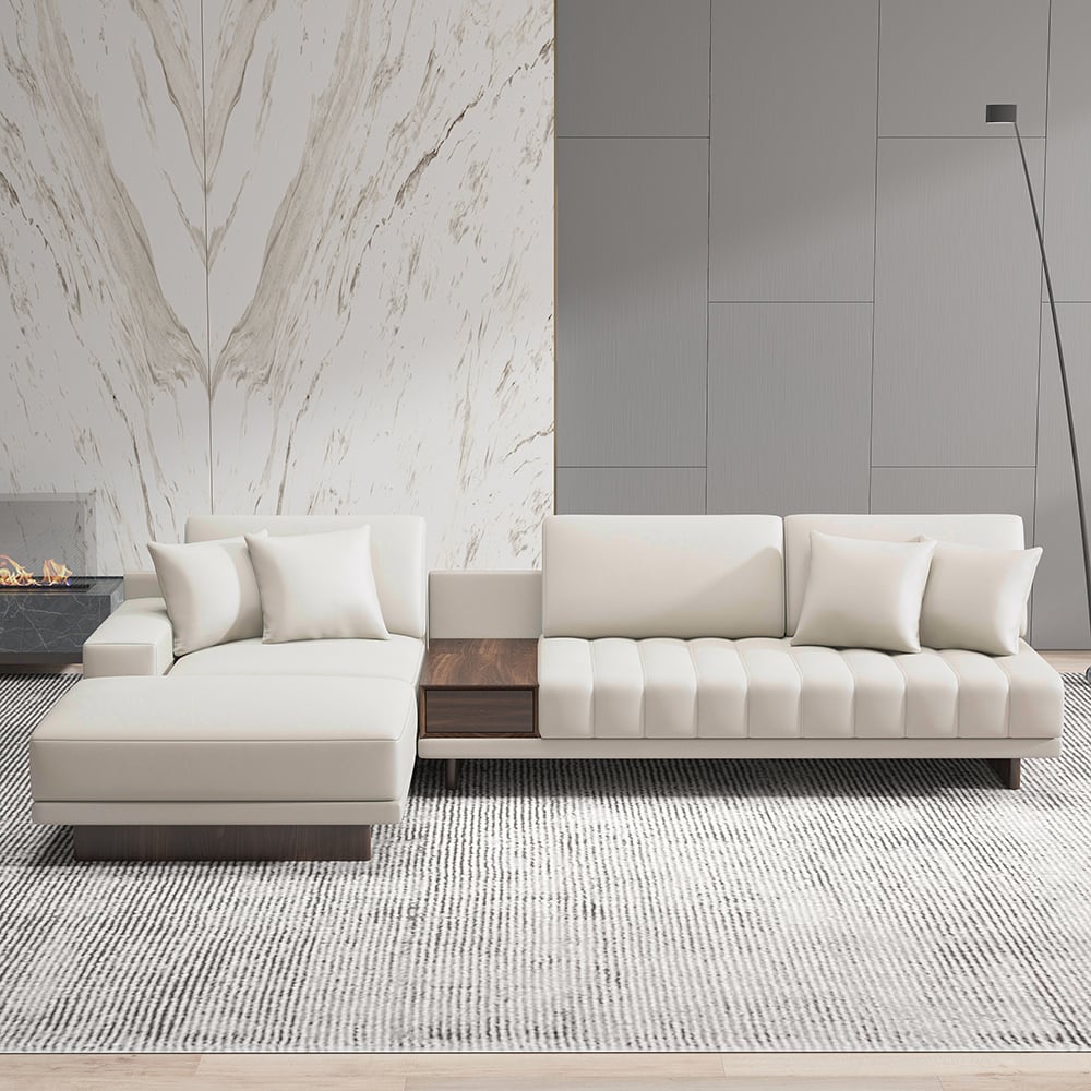 Canapé sectionnel blanc modulaire en forme de L en cuir de 126 po avec table d&#x27;appoint de rangement et pouf