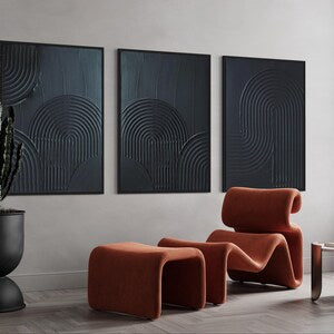 ZEN ARCH I Set of 3 Black Wall Art Modern Textured Art Plaster Art 3 piece 3D art Minimalist Original Artwork, Wabi Sabi Canvas Painting