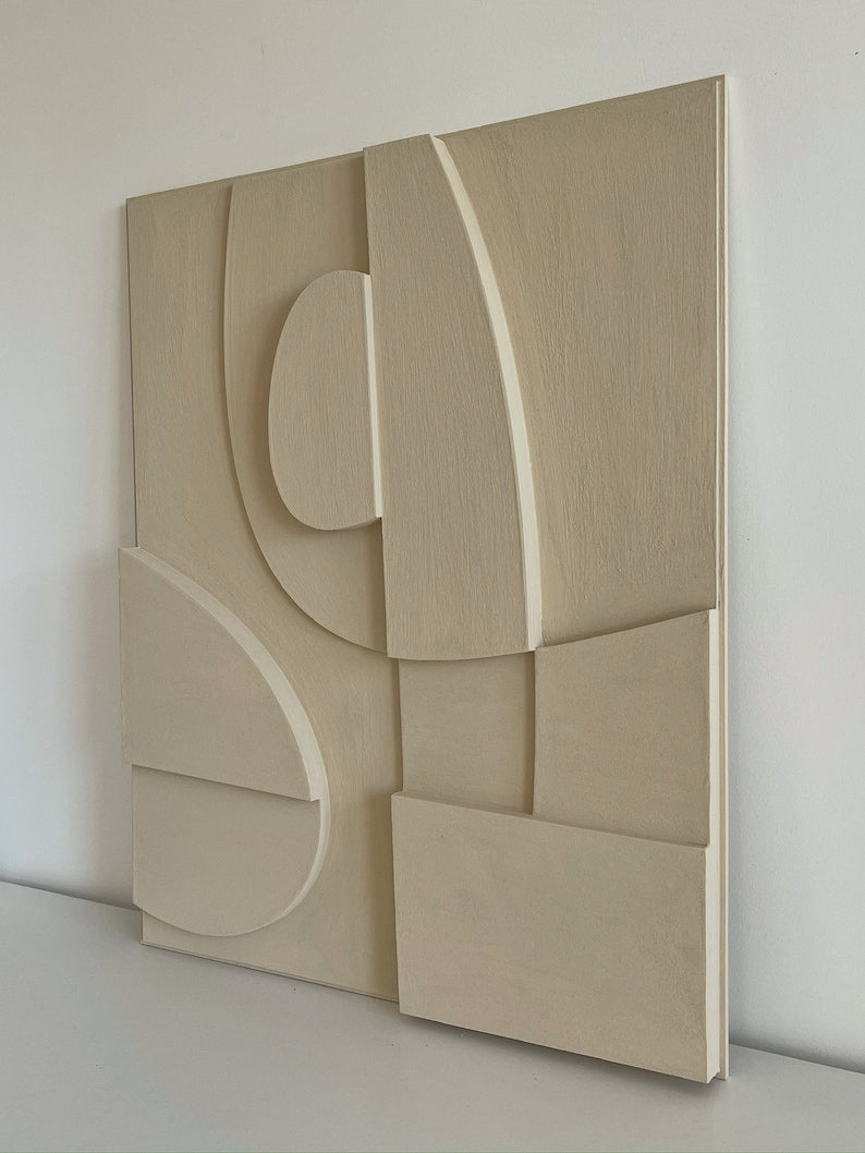 Textured and minimalist graphic wall piece. Modern monochromatic shapes. Minimalist style decor. Art sculpture.