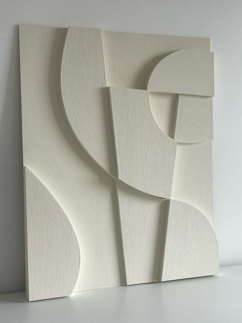 Textured and minimalist graphic wall piece. Modern monochromatic shapes. Minimalist style decor. Art sculpture.