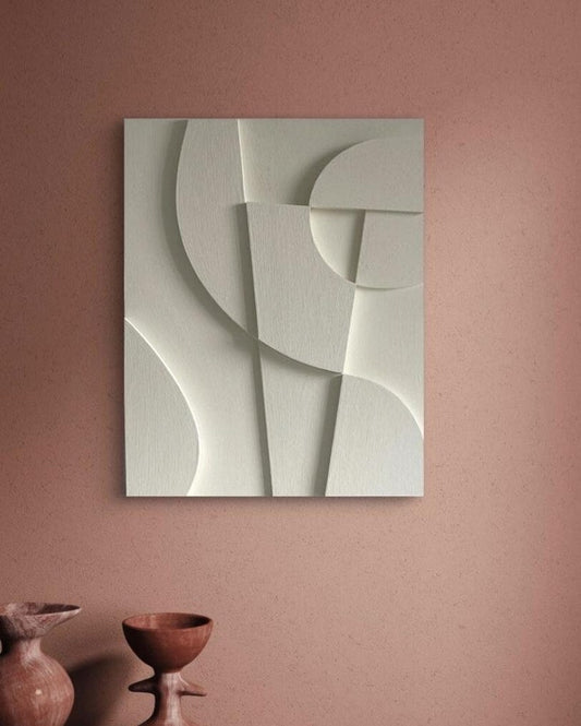 Textured and minimalist graphic wall piece. Modern monochromatic shapes. Minimalist style decor. Art sculpture.