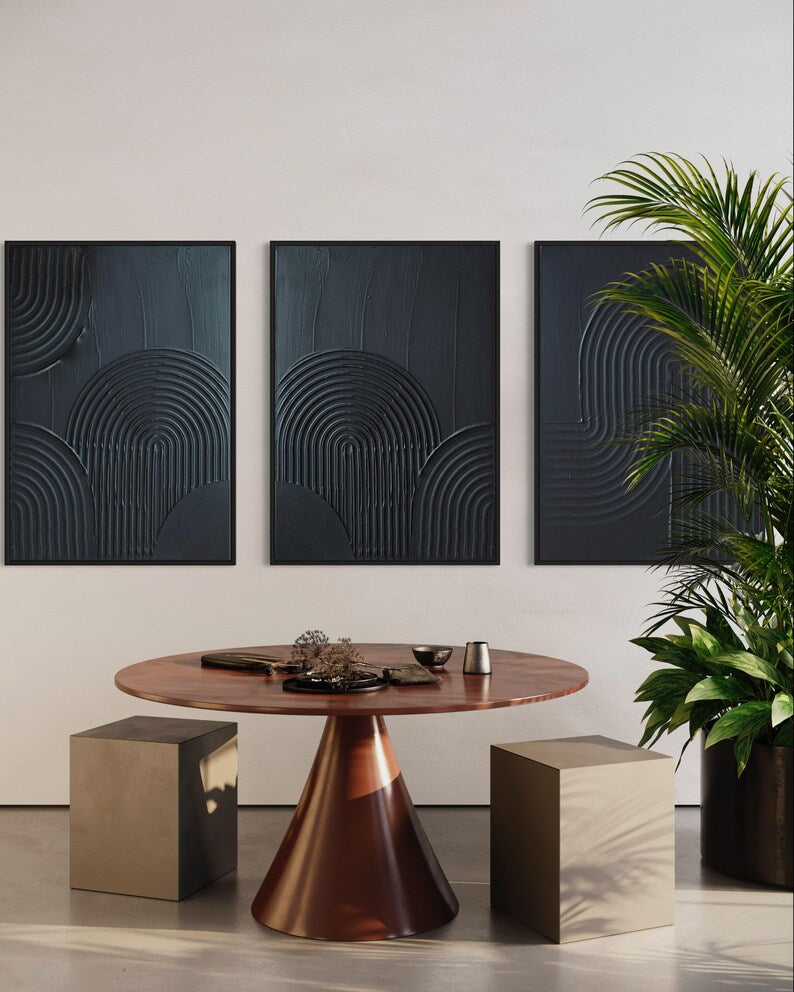 ZEN ARCH I Set of 3 Black Wall Art Modern Textured Art Plaster Art 3 piece 3D art Minimalist Original Artwork, Wabi Sabi Canvas Painting