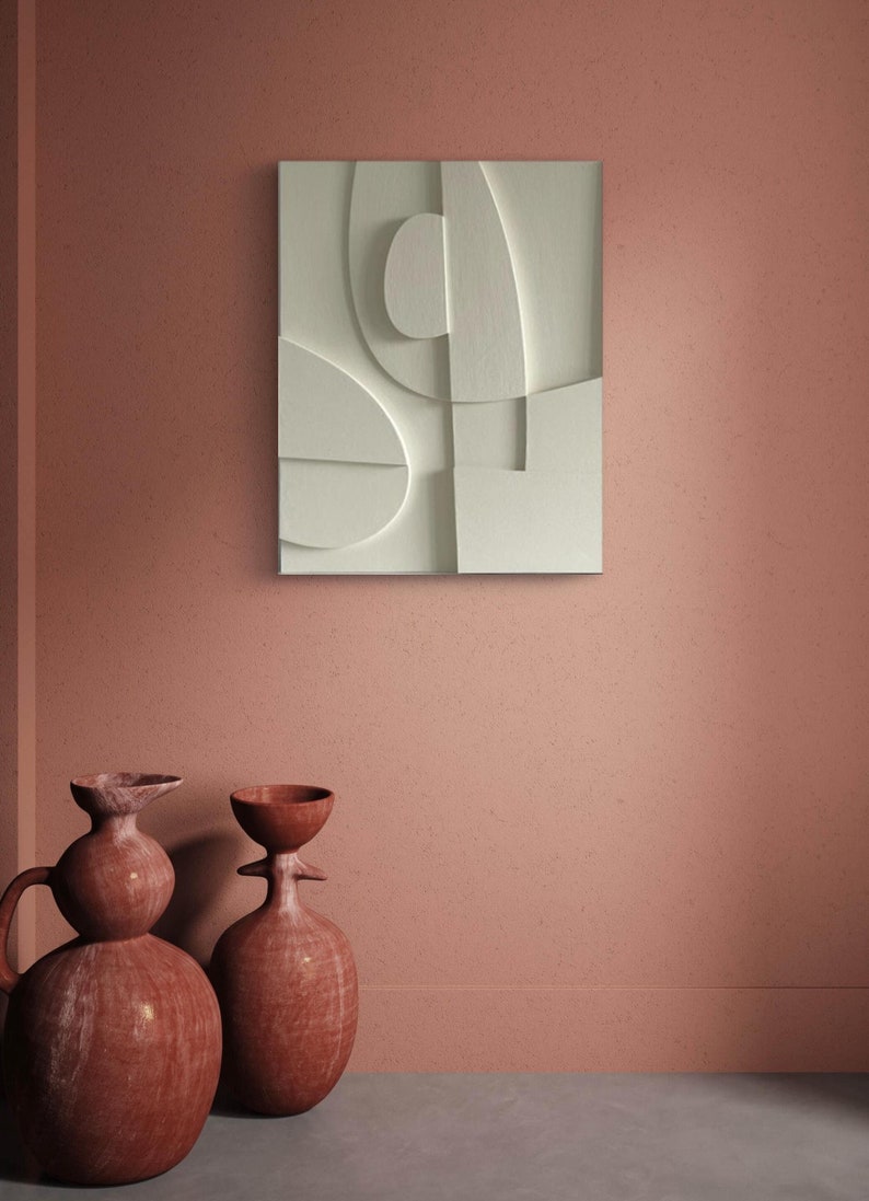 Textured and minimalist graphic wall piece. Modern monochromatic shapes. Minimalist style decor. Art sculpture.