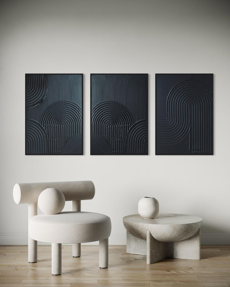 ZEN ARCH I Set of 3 Black Wall Art Modern Textured Art Plaster Art 3 piece 3D art Minimalist Original Artwork, Wabi Sabi Canvas Painting