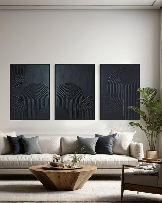 ZEN ARCH I Set of 3 Black Wall Art Modern Textured Art Plaster Art 3 piece 3D art Minimalist Original Artwork, Wabi Sabi Canvas Painting